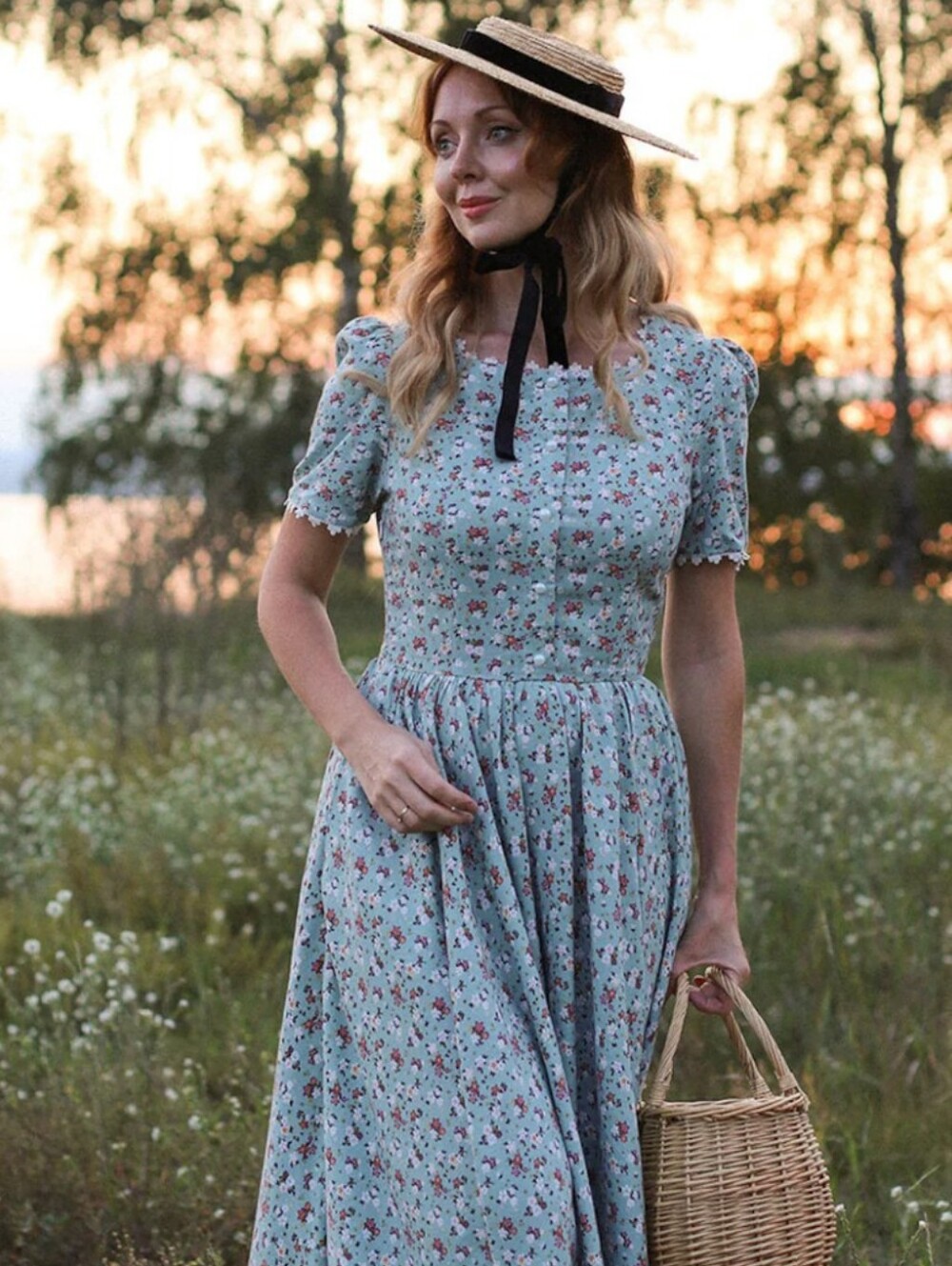 Cottagecore Mint Green Floral Linen Dress